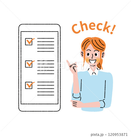 スマートフォンのチェックリストを確認する女性 120953871