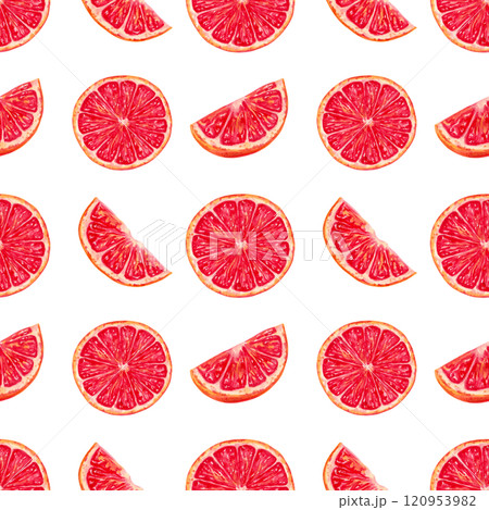 Seamless pattern of grapefruit slices. Watercolor and marker illustration. Eco friendly fruits. Hand drawn isolated art. Red citrus pieces. Background for fabric and kitchen textile, packaging 120953982