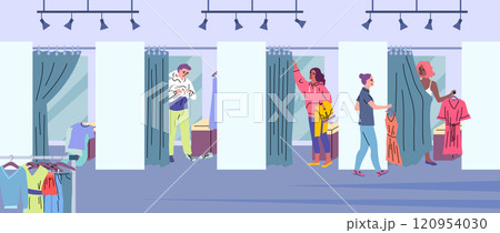 Cartoon Color Characters People and Fashion Fitting Room Concept Flat Design Style. Vector illustration of Trying New Clothes in Clothing Store Cartoon Color Characters People and Fashion Fitting Room Concept Flat Design Style. Vector illustration of Trying New Clothes in Clothing Store 120954030
