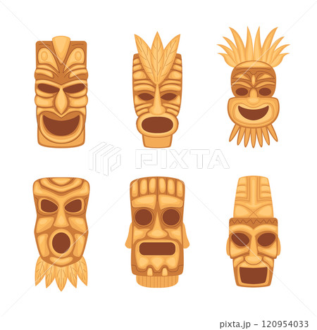 Cartoon Different Gold Tiki Totem Mask Set Tribal Traditional Ritual Totem Concept Flat Design Style. Vector illustration 120954033