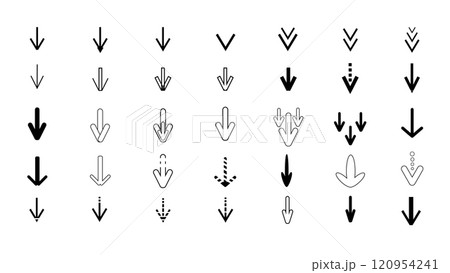 Set of different black arrows pointing down, arrow down document file symbol icon, download button, cursor collection on white background, scroll illustration sign collection, down arrow icon 120954241