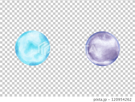 Water bubbles. Watercolor and marker illustration. Abstract blue and purple water drops. Hand drawn isolated art. Clipart of soap round transparent bubbles. For design, soap, shampoo, cosmetics. 120954262