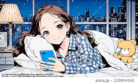 ベッドに横になってスマートフォンをいじくっている若い女性