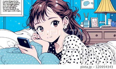 ベッドに横になってスマートフォンをいじくっている若い女性