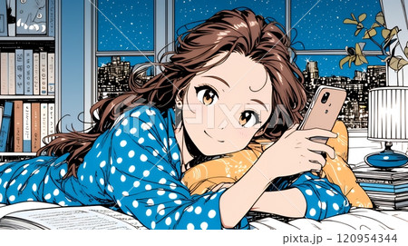 ベッドに横になってスマートフォンをいじくっている若い女性