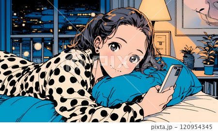 ベッドに横になってスマートフォンをいじくっている若い女性