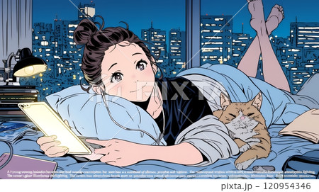 ベッドに横になってスマートフォンをいじくっている若い女性
