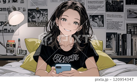 ベッドに横になってスマートフォンをいじくっている若い女性