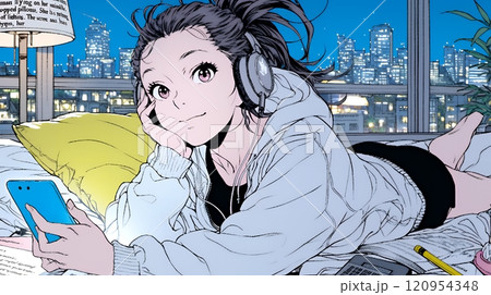 ベッドに横になってスマートフォンをいじくっている若い女性