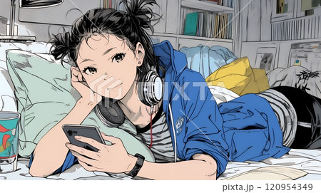ベッドに横になってスマートフォンをいじくっている若い女性