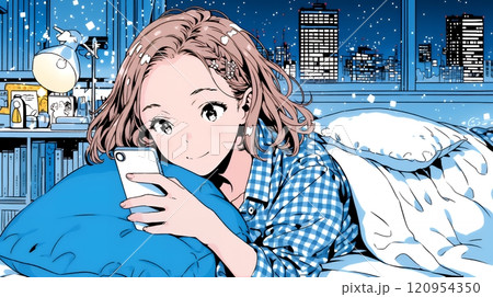 ベッドに横になってスマートフォンをいじくっている若い女性