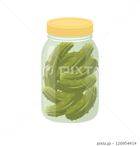 Pickled cucumbers in a glass jar. Canned vegetables. Illustration on a white background. Pickled cucumbers in a glass jar. Canned vegetables. Illustration on a white background. 120954414