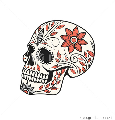 Sugar skull with floral pattern. Design for the holiday day of the dead. Outline illustration. 120954421