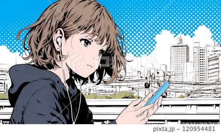 外出中にスマートフォンをいじくっている若い女性