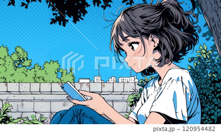 外出中にスマートフォンをいじくっている若い女性