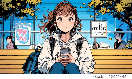 外出中にスマートフォンをいじくっている若い女性