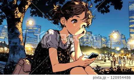 外出中にスマートフォンをいじくっている若い女性