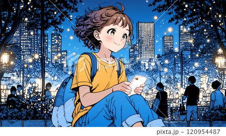 外出中にスマートフォンをいじくっている若い女性