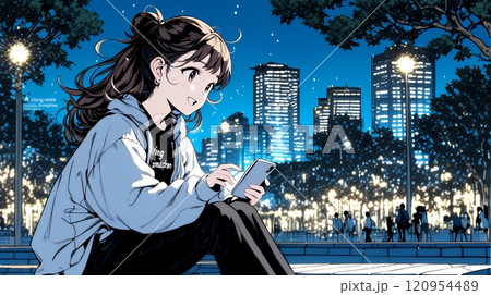 外出中にスマートフォンをいじくっている若い女性