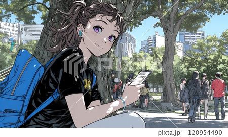 外出中にスマートフォンをいじくっている若い女性