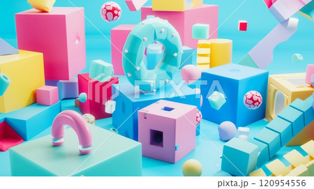 Whimsical 3D blocks in a vibrant, playful digital composition 120954556