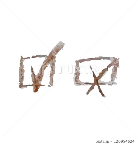 Brown check mark and cross are drawn in chalk, grunge elements, tick and cross icons, sign elements, false and true, right and wrong icons, tick cross sign elements, vector buttons for vote Brown check mark and cross are drawn in chalk, grunge elements, tick and cross icons, sign elements, false and true, right and wrong icons, tick cross sign elements, vector buttons for vote 120954624