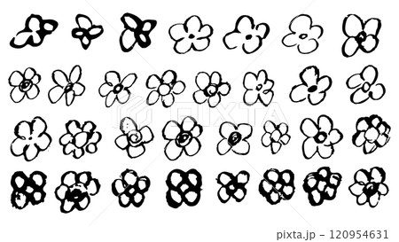 Set of black flowers made in chalk on white background, collection of different types of flowers, grunge elements, blots in the form of flowers, flowers in the form of stamps, flowers drawn in chalk Set of black flowers made in chalk on white background, collection of different types of flowers, grunge elements, blots in the form of flowers, flowers in the form of stamps, flowers drawn in chalk 120954631