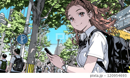 通学中にスマホをいじくっている女子高生