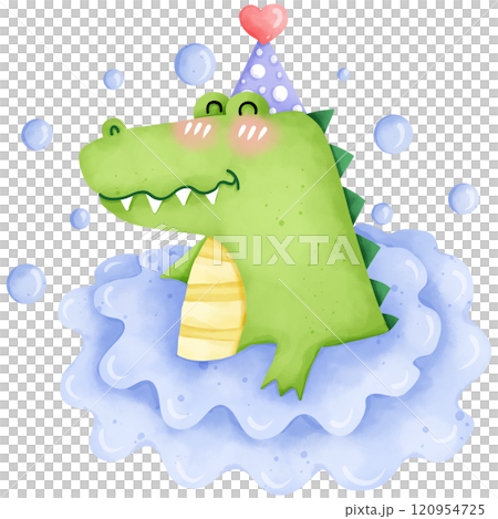 Cartoon crocodile on birthday party, hand drawn watercolor Cartoon crocodile on birthday party, hand drawn watercolor 120954725