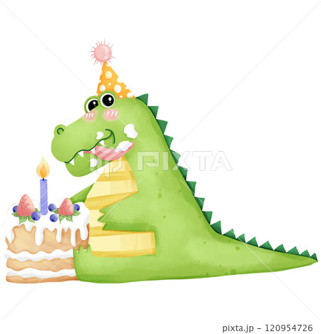 Cartoon crocodile eating cake on birthday party, hand drawn watercolor 120954726