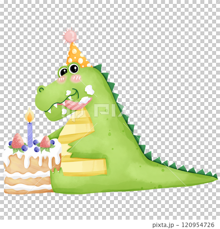 Cartoon crocodile eating cake on birthday party, hand drawn watercolor 120954726