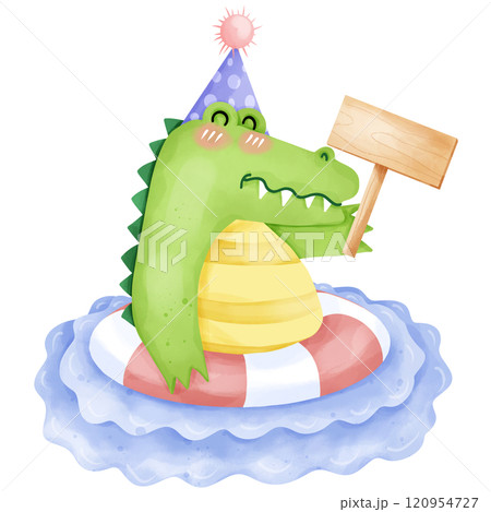 Cartoon crocodile holding a sign in hand drawn watercolor birthday party Cartoon crocodile holding a sign in hand drawn watercolor birthday party 120954727