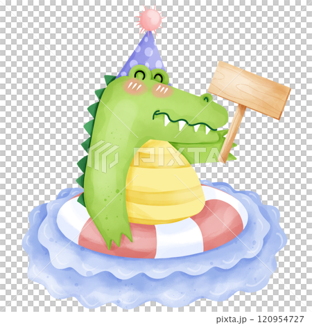 Cartoon crocodile holding a sign in hand drawn watercolor birthday party Cartoon crocodile holding a sign in hand drawn watercolor birthday party 120954727
