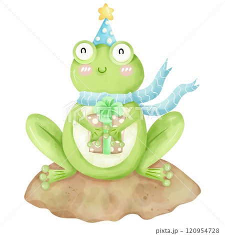 Cartoon frog holding a hand drawn watercolor gift box 120954728