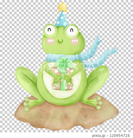 Cartoon frog holding a hand drawn watercolor gift box 120954728
