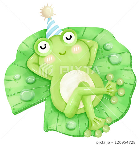 Cartoon frog sleeping on lotus leaf, hand drawn watercolor 120954729