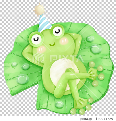 Cartoon frog sleeping on lotus leaf, hand drawn watercolor 120954729