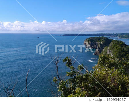 和歌山県勝浦市のとあるホテルが建つ半島から望む燈明崎 120954987