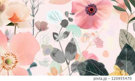 Colorful floral illustration with various flowers and leaves in soft tones on a light pink background Colorful floral illustration with various flowers and leaves in soft tones on a light pink background 120955470