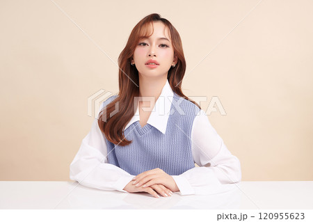 Beautiful young asian woman with clean fresh skin on beige background, Face care, Facial treatment, Cosmetology, beauty and spa, Asian women portrait. 120955623