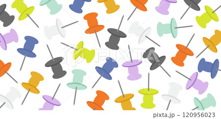 Horizontal backdrop with multi-color push pins. Thumbtacks scattered on white background. Horizontal backdrop with multi-color push pins. Thumbtacks scattered on white background. 120956023