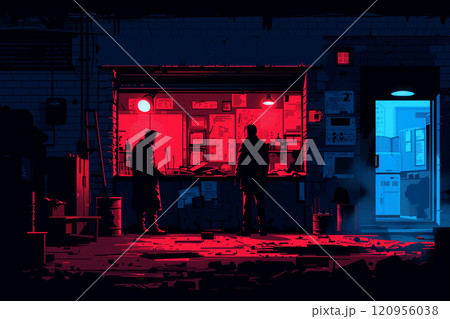 Two individuals standing in front of a building illuminated by red and blue lights 120956038