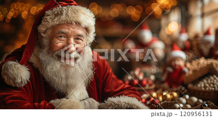 A man dressed as Santa Claus standing in front of festive Christmas decorations 120956131