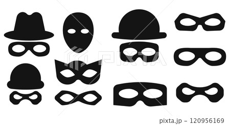 Incognito mask, villain or robber hide face element, black silhouette mystery costume icon. Superhero or carnival bandit burgar Incognito mask, villain or robber hide face element, black silhouette mystery costume icon. Superhero or carnival bandit burgar 120956169