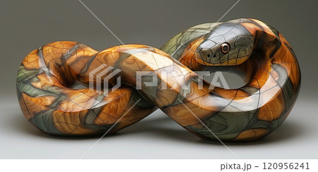 A snake sculpture made of wood is placed on top of a table 120956241