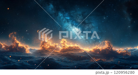 Fire illuminates dark clouds in the sky 120956280