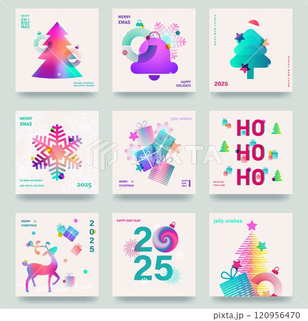 A large set of colorful cards, flyers, posters for the New Year 2025. Christmas greetings. Modern minimalist style. Gradient colors A large set of colorful cards, flyers, posters for the New Year 2025. Christmas greetings. Modern minimalist style. Gradient colors 120956470