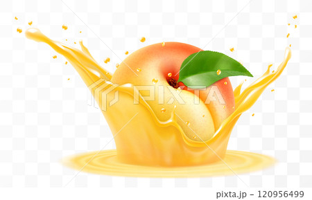 Apricot juice. Fresh ripe apricot falls into a splash of juice, isolated on transparent background. Realistic 3d vector illustration. Summer vitamin food and drink. Apricot smoothie splash Apricot juice. Fresh ripe apricot falls into a splash of juice, isolated on transparent background. Realistic 3d vector illustration. Summer vitamin food and drink. Apricot smoothie splash 120956499