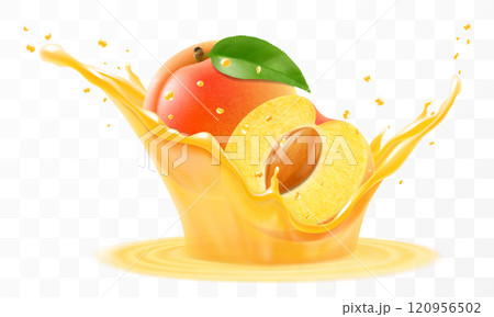 Apricot juice. Fresh ripe apricot falls into a splash of juice, isolated on transparent background. Realistic 3d vector illustration. Summer vitamin food and drink. Apricot smoothie splash Apricot juice. Fresh ripe apricot falls into a splash of juice, isolated on transparent background. Realistic 3d vector illustration. Summer vitamin food and drink. Apricot smoothie splash 120956502
