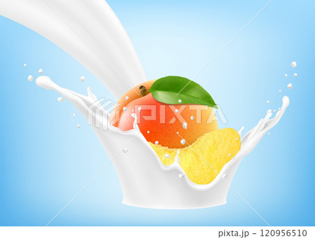 Fresh ripe apricot falls into a splash of yogurt or milk, cocktail splash with drops, Milkshake splash with sweet juicy fruit. Realistic 3d vector illustration 120956510